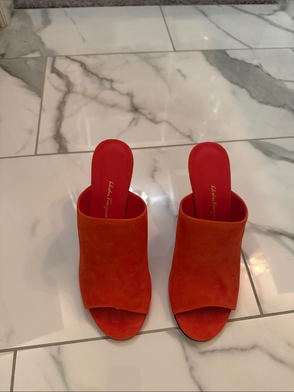 Salvatore Ferragamo Orange Suede Open-Toe Mules